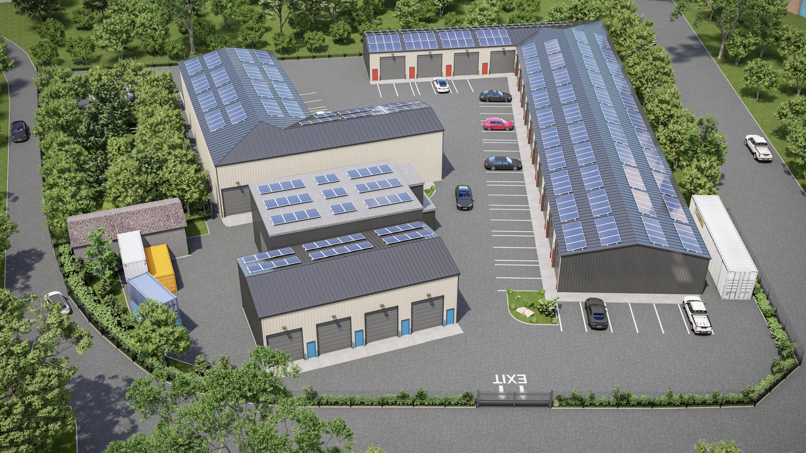 Aerial rendering of The Old Engine House commercial development with solar panels